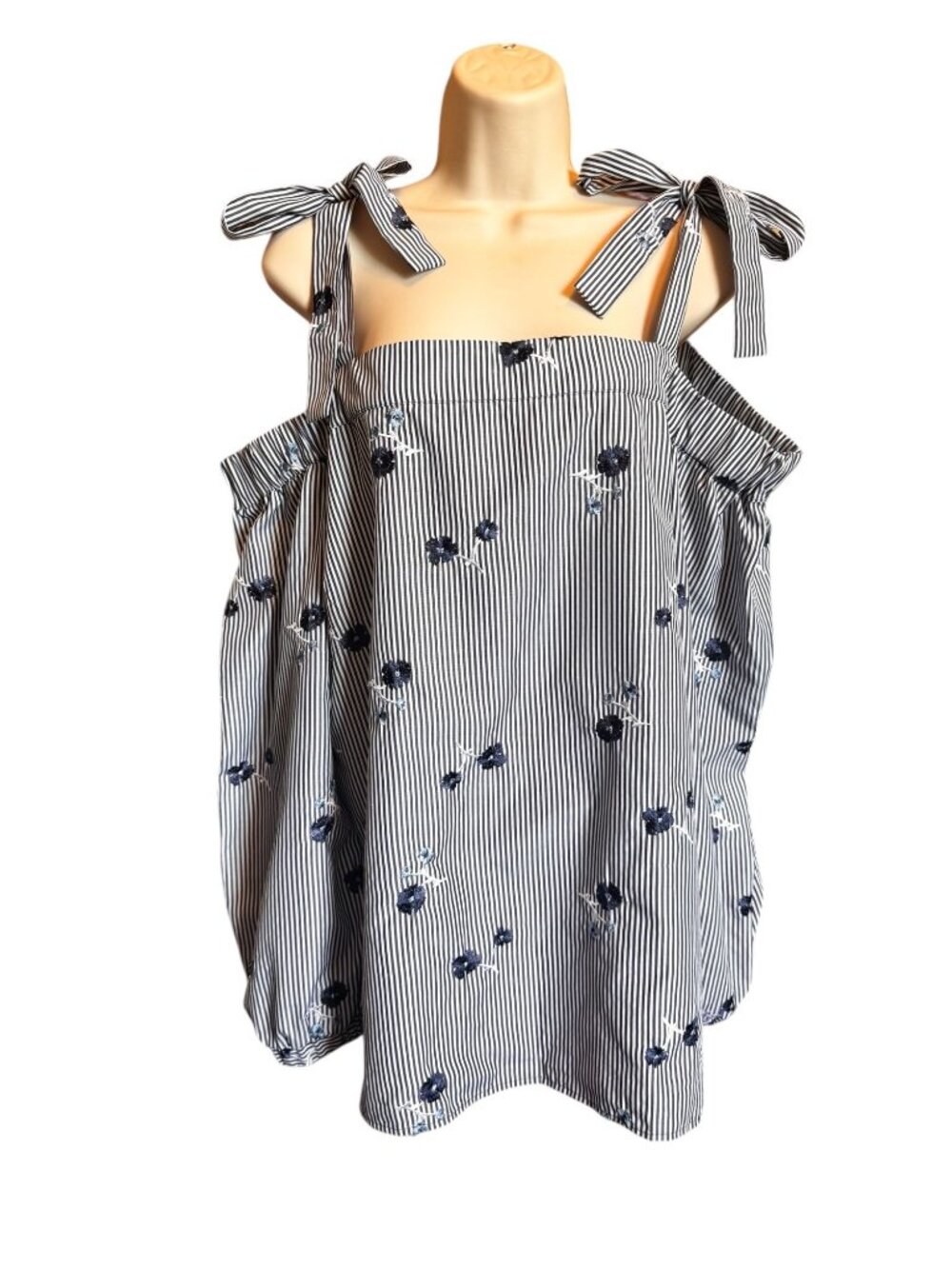 Michael Kors XL Off The Shoulder Blouse Striped Floral Embroidered Tie Strap - Picture 3 of 9